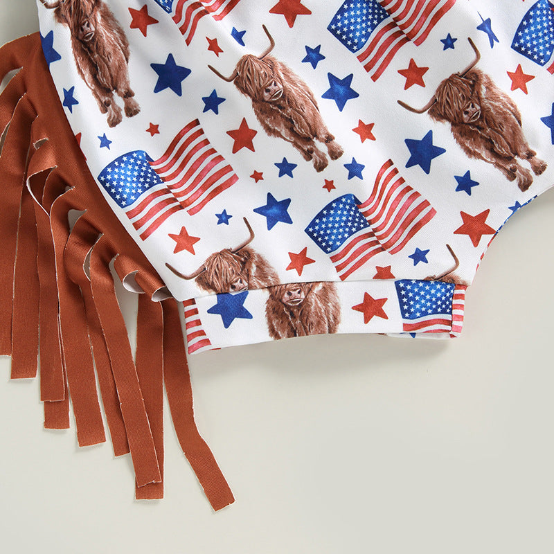 Wholesale Cotton 2023 Independence Day Bull Head T-Shirt Tassel Shorts Set